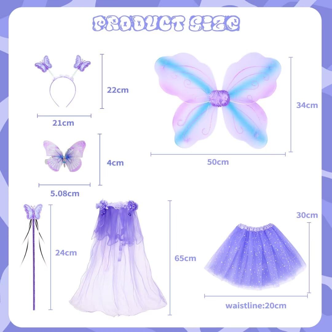Wildparty Girl Fairy Costume Set With Butterfly Wings, Tutu, Butterfly Hair Clips, Magic Wand, Headband And Veil Costume Set For 3-8 Years Girl Dress Up And Birthday Party Ballet Dance (Purple)