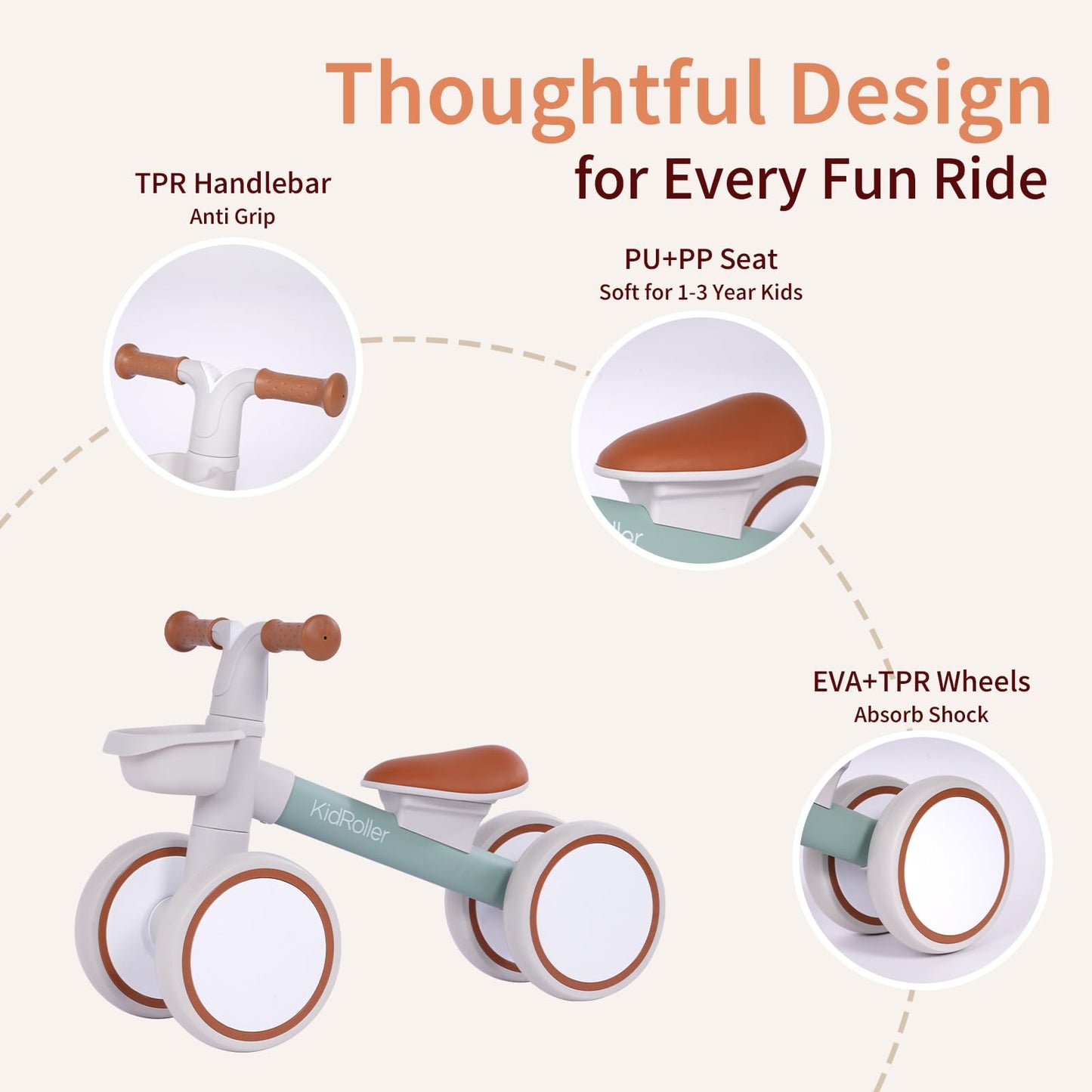 KidRoller Kids Balance Bikes for 1 Year Old Boys and Girls, 12-36 Months Toddler Ride-on with Adjustable Seat and a Front Baske