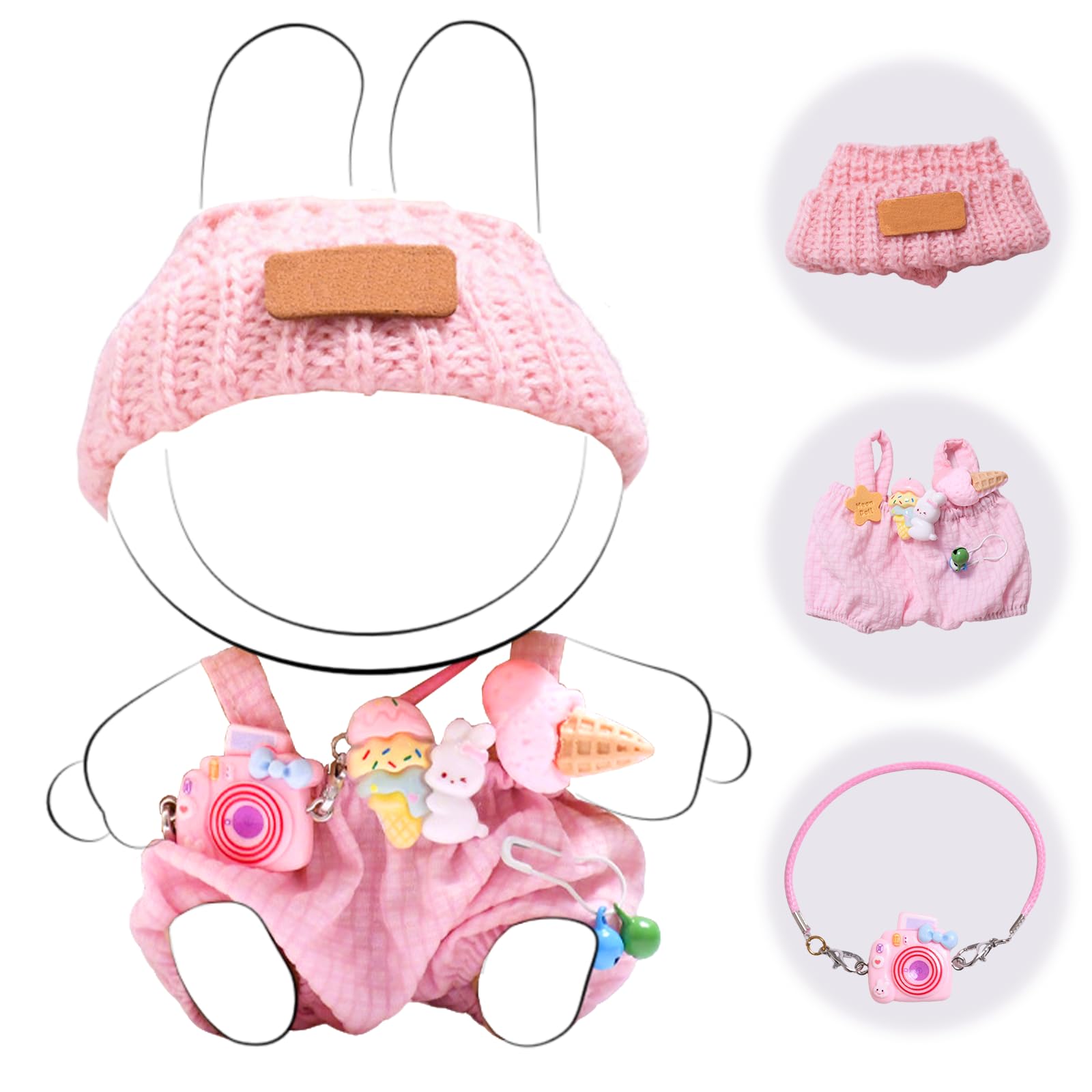 17cm Doll Clothes Set (no Doll) - enhanced Fashion Dresses with Accessories  3 Piece Set(Hat+Jumpsuit+Small Camera)  Cute Clothes for Dress up Unique Style (Pink)