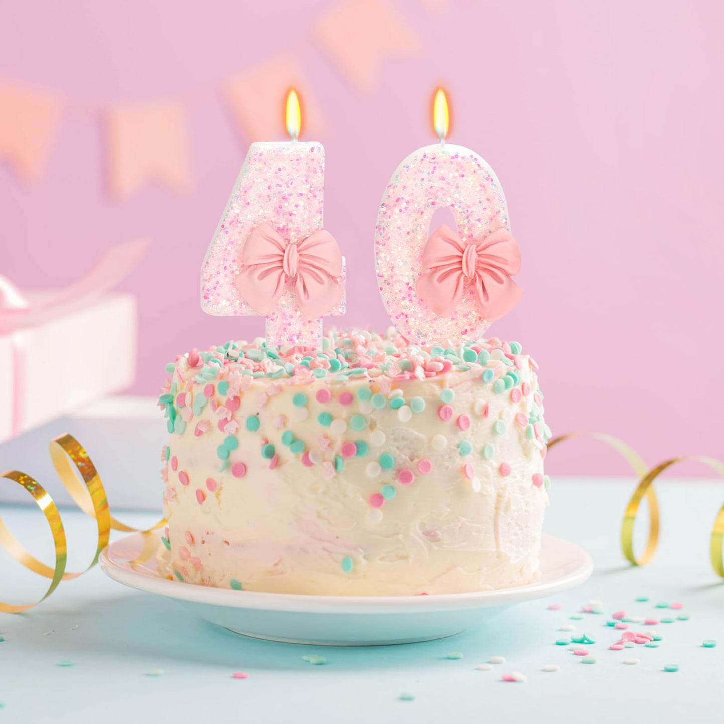 ElekFX 40th Birthday Candles for Cake, Pink Bow Number Cake Candles, 2.76 inch Number Happy Birthday Candle, Cake Topper Decorat