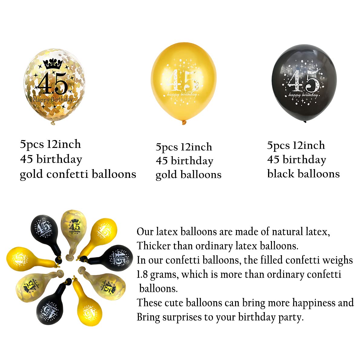 Jonhamwelbor 45Th Birthday Balloons 45 Years Black Gold Latex Confetti Printed Number Balloons For Men Women Birthday Party Deco