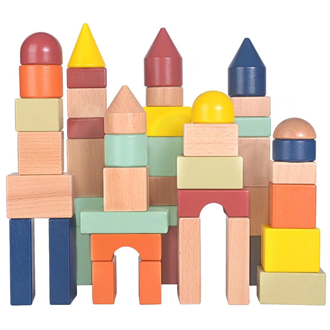 Migargle Large Wooden Building Blocks For Toddlers - Educational Preschool Learning Toys With Storage Bag, Innovative Shapes & Variety Colors To Build More Combinations (48Pcs)