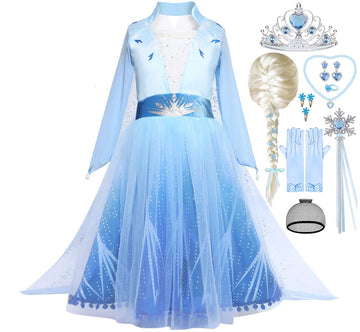 iTVTi Elsa Costume Toddler Girls Snow Princess Dress Blue Cosplay Outfit with Wig for Halloween Birthday Party Christmas, 6-7Y (