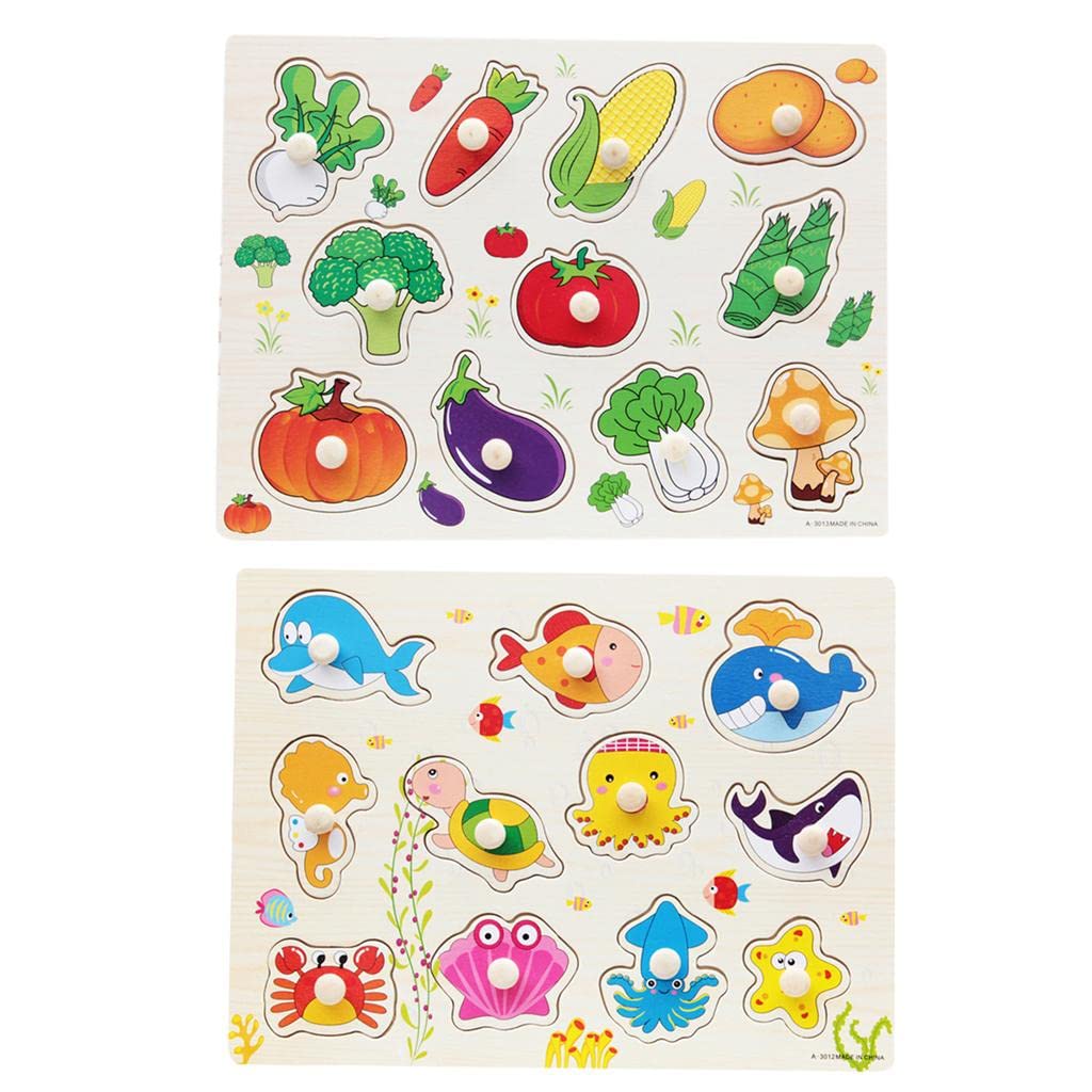 CALANDIS?Wooden Vegetable & Marine Animal Shaped Peg Puzzle Baby Preschool Kids Toy | Preschool Toys & Pretend Play
