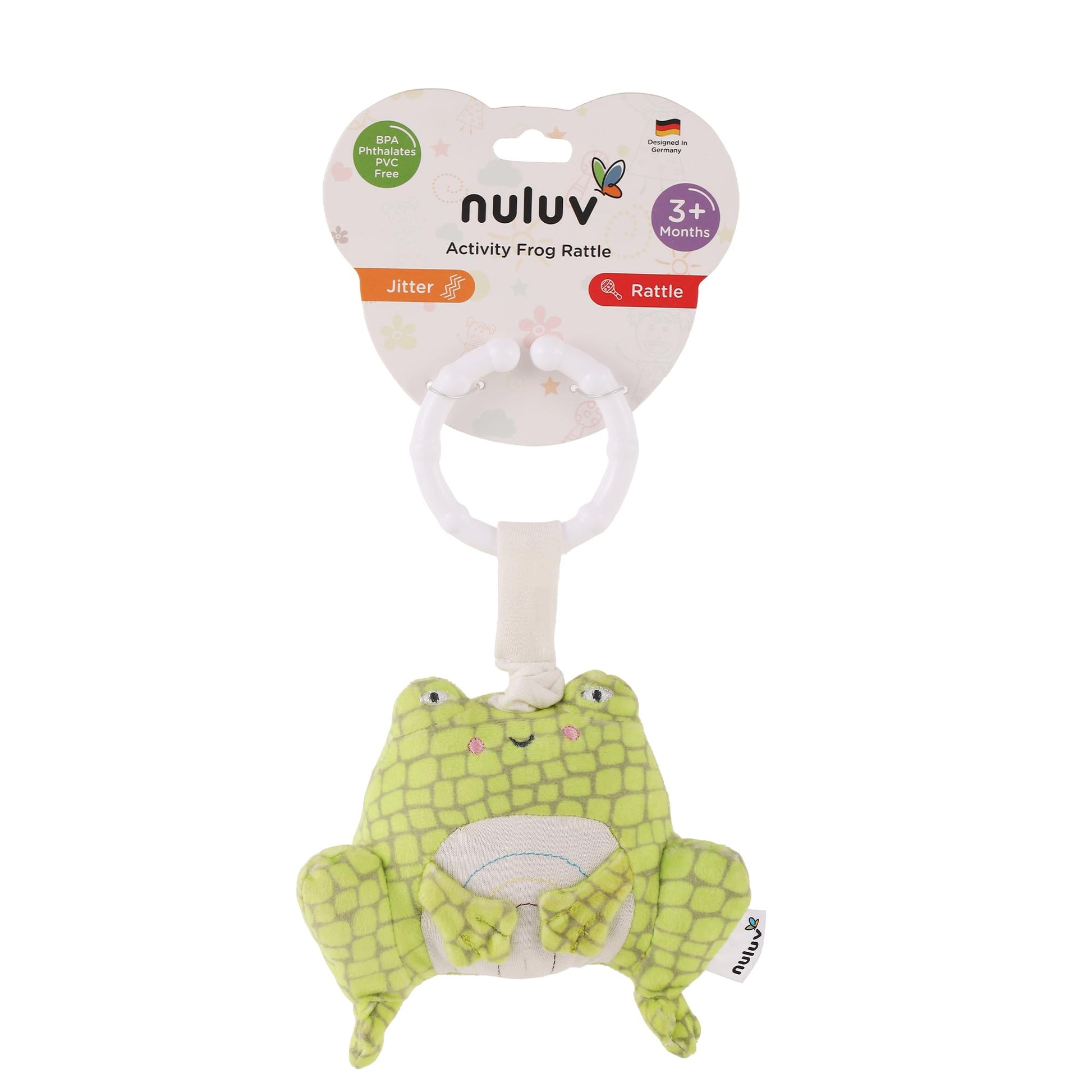 Nuluv Activity Frog Rattle, 2In1 Jitter And Rattle Toy For Babies, BpaFree, Soft Plush, Sensory Development Hanging Toy For C