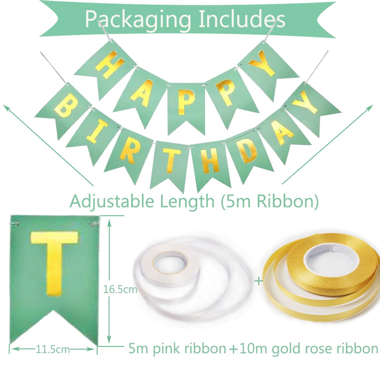 Happy Birthday Banner, Green Birthday Decoration, 16 Pcs 12In Happy Birthday Balloons With 2 Ribbons For Men Women Girls And Boy