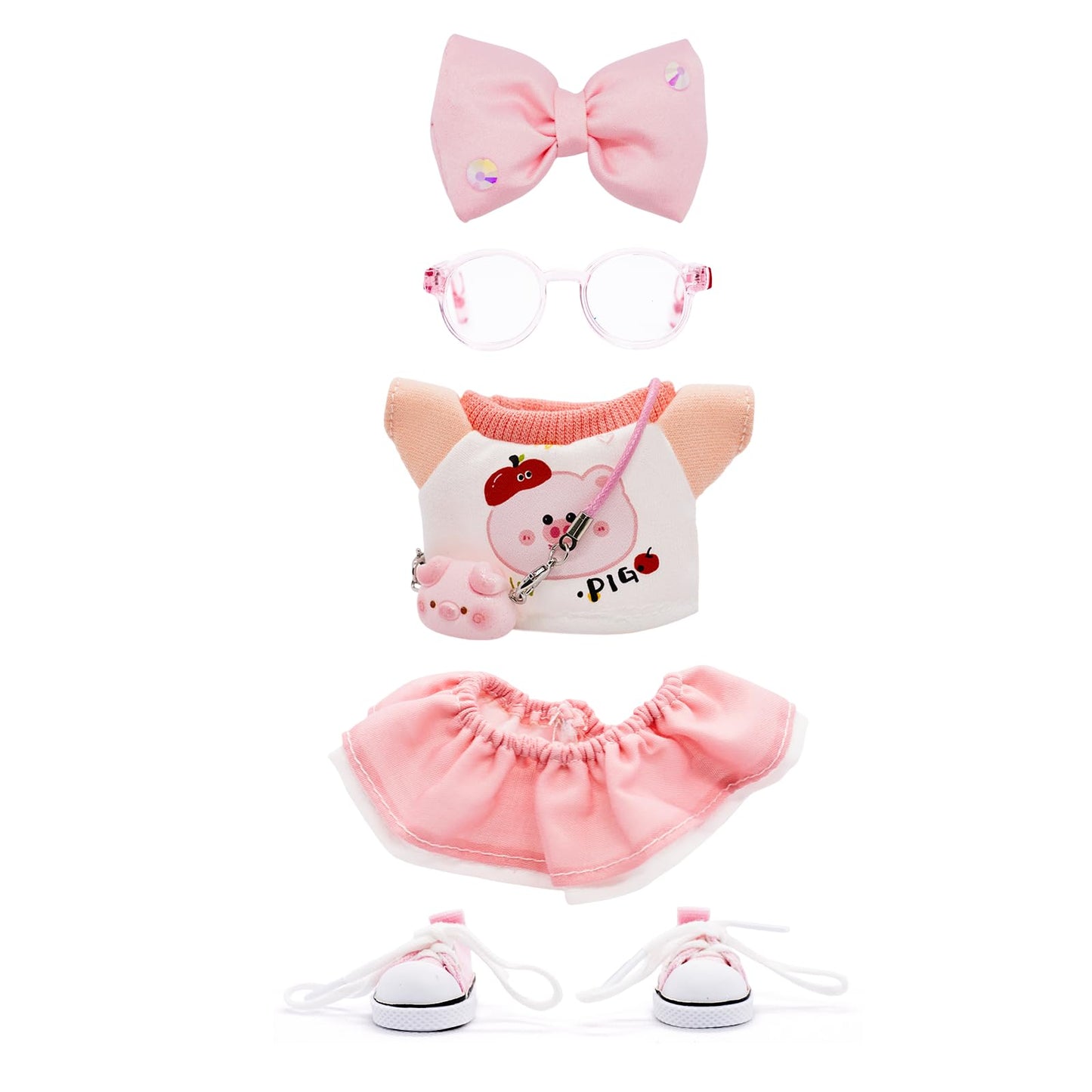 Clothes for 17cm Dolls Pink Cute Style 6 Piece Set Including a Bow  Shirt  Skirt  Glasses  Shoes and Piglet Bag  Fashion Dolls Outfit with enhanced Dolls Accessories for Play & Display - No Doll