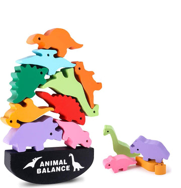 Shinetoy Animal Balance Wooden Stacking Game For Kids | Dinosaur Themed Educational Toy With Colorful Balance Blocks | Ages 3+