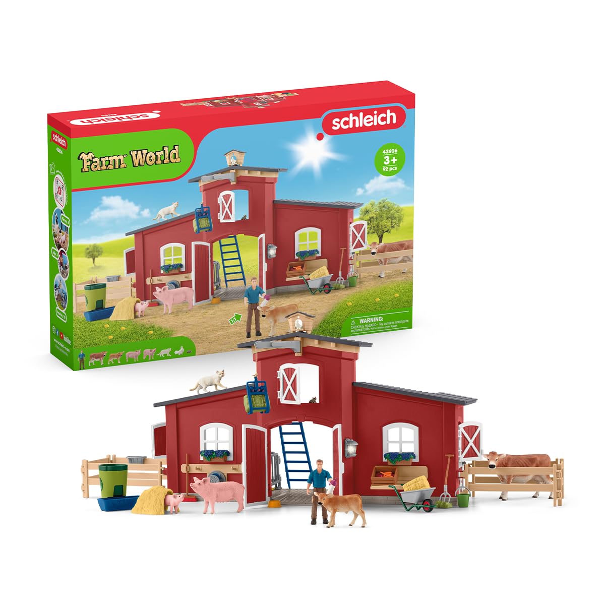 Schleich Farm World Animal Farm Playset With Figurine And Accessories - 92Pc Kids Animal Farm Playset With Cow, Horse, Pig, Bull, And Accessories For Boys And Girls, Gift For Kids Age 3+, Red