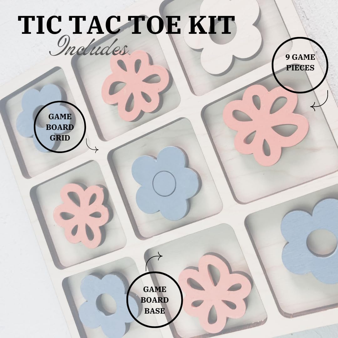 Nature Themed Tic Tac Toe Board Game, 5x5 inches Unfinished Wood DIY Painting Craft Kit for Kids with Wooden AVTRBoutique (Flowe