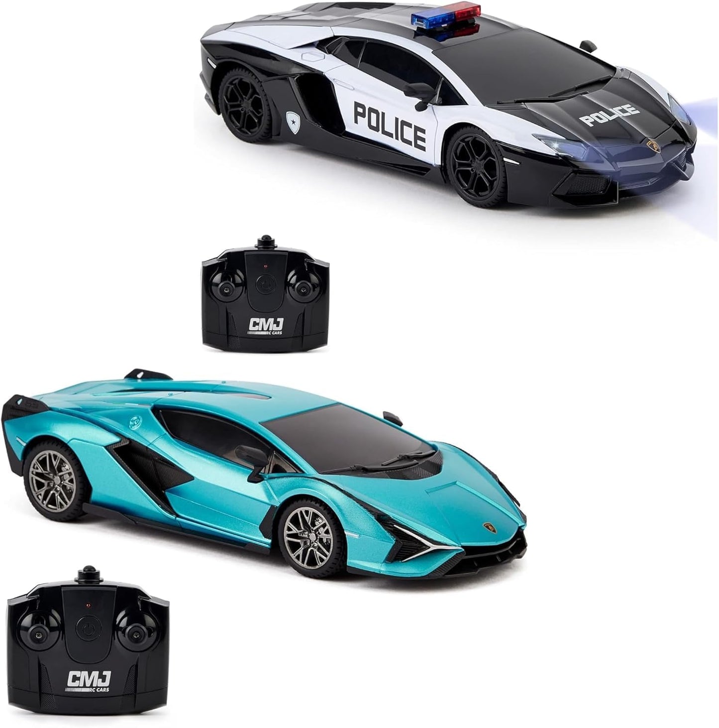 CMJ RC Cars Twin Pack: Lamborghini Sian & Police RC Cars, Plastic, Model 124TPPCS, Perfect for Racing Fans