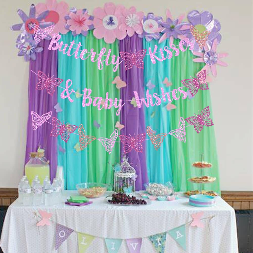 Kisses & Wishes Pink Glitter Butterfly Welcome Baby Girl Banner for Gender Reveal, 1st Birthday, Baby Shower Party Supplies