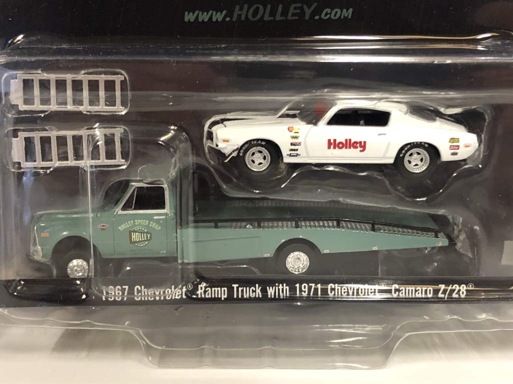 1967 Chevrolet Ramp Truck Turquoise & 1971 Chevrolet Camaro Z/28 White Holley Speed Shop 1/64 Diecast Model Cars by Greenlight f