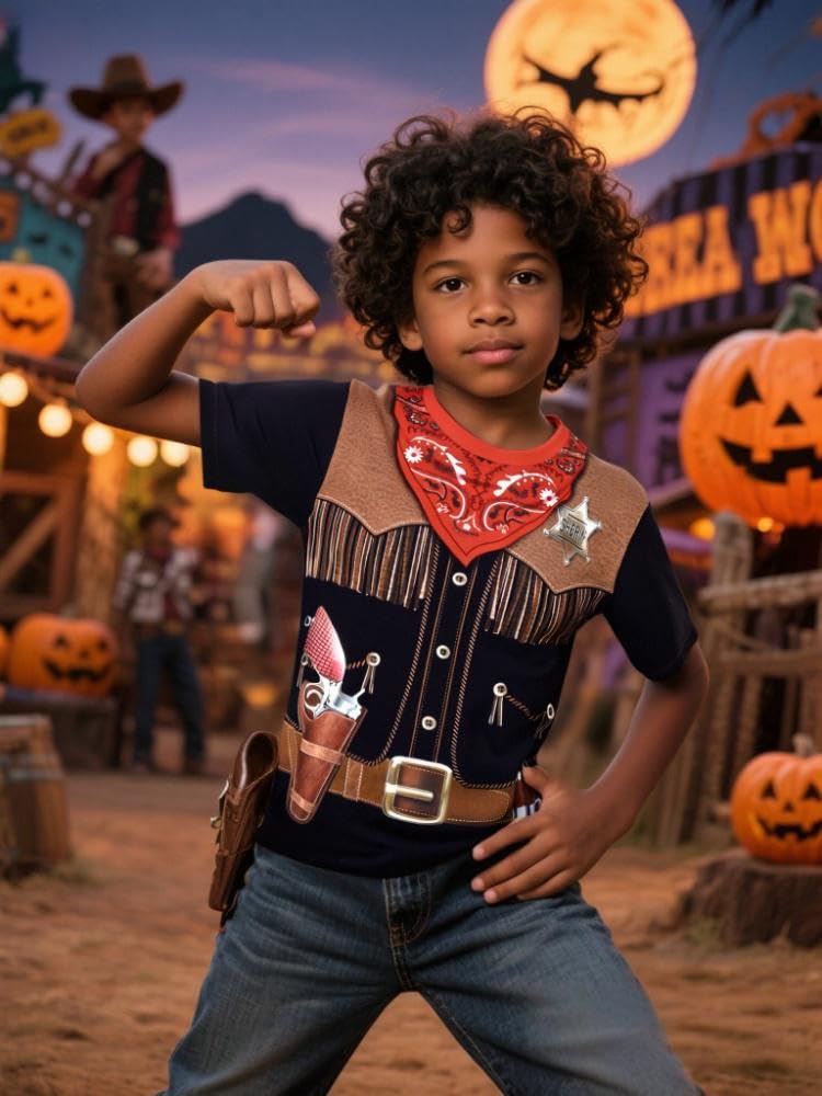 Cosland Cowboy Costume For Boy Kids Western Tees Halloween Shirt, Brown, Medium