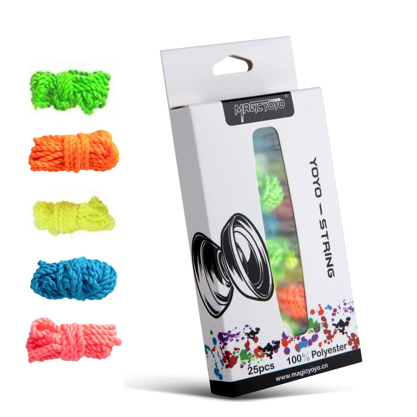 MAGICYOYO Yoyo Strings 25 Pack  Professional 100% Polyester Replacement Yo Yo Strings for Responsive Yoyos & Unresponsive Yo Yos  43.3 Inches/110cm Yo-Yo Strings - Blue  Green  Yellow  Orange  Pink