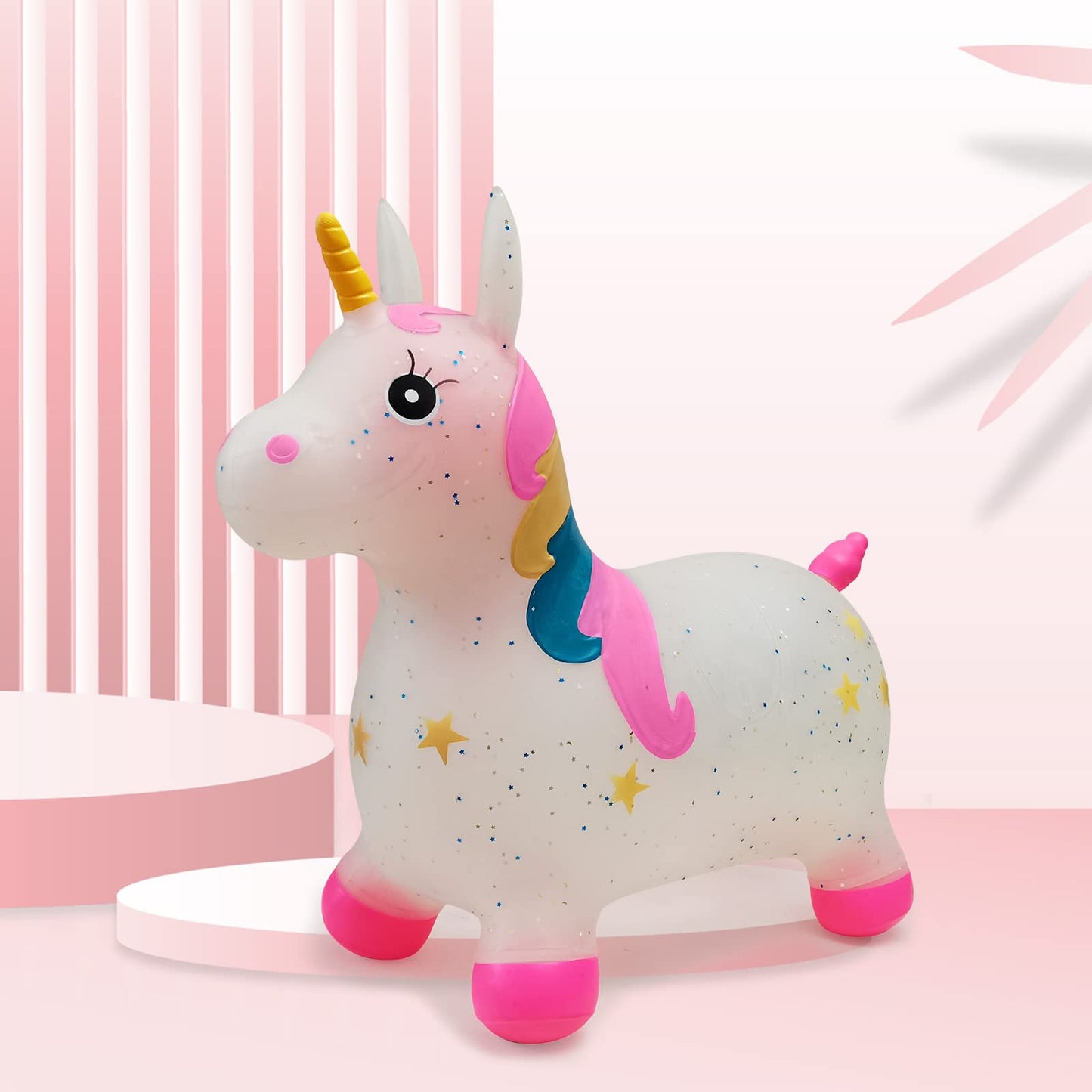 Hotmax Transparent Glittery Bouncy Horse, Inflatable Bouncing Animal Hopper For Toddlers Or Kids, Ride On Rubber Jumping Toys For Boy Or Girl Birthday Gift (Pink Unicorn)