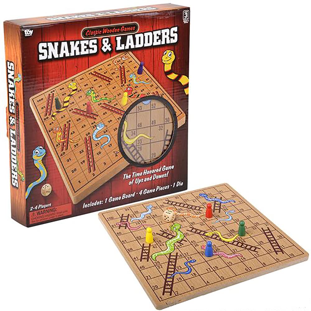 The Dreidel Company Classic Wooden Board Games, Great For Prizes, 10'' (10'' Wooden Snakes & Ladders)