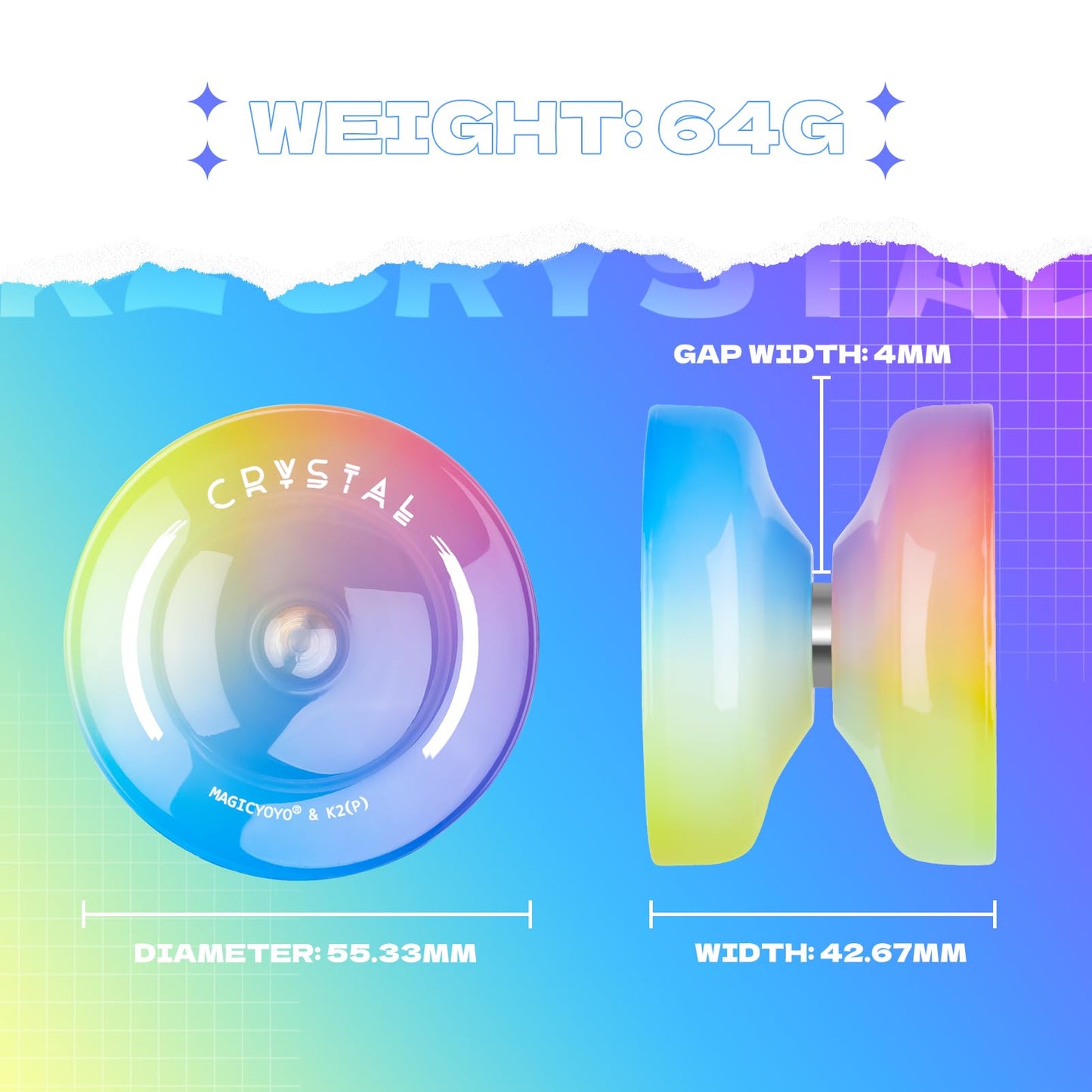 Responsive Yoyo For Kids Beginners, Professional Yoyo Crystal K2, Dual Purpose Yo-Yo For Adults + Extra Unresponsive Yo Yo Bearing + 12 Yoyo Strings + Yoyo Storage Bag ( Yellow Pink Blue Gradient)