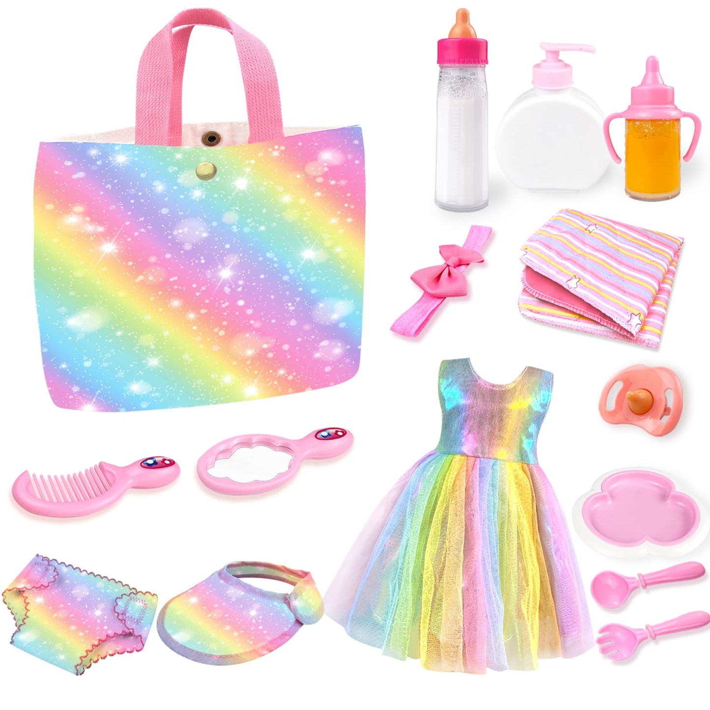 Zeizhubn 15 Pack Baby Doll Accessories, Feeding And Caring Set With Diaper Bag, Bottles, Dolls Diaper And Changing Mat, Baby Dol