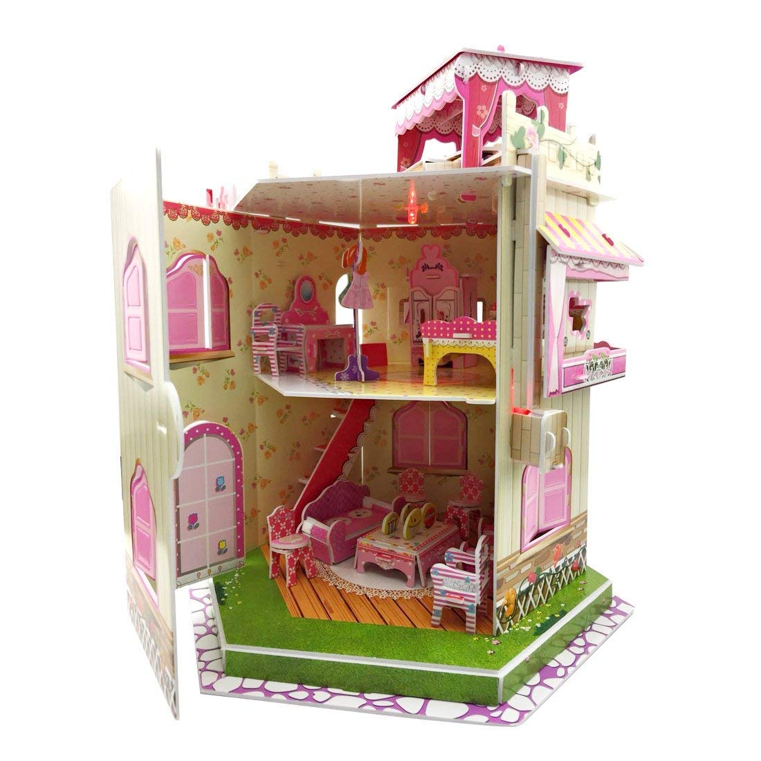 Rooftop Romance 3D Puzzle Dollhouse For Girls - Easy To Assemble 3-D Miniature Doll House Building Kit With Led Light For Kids -