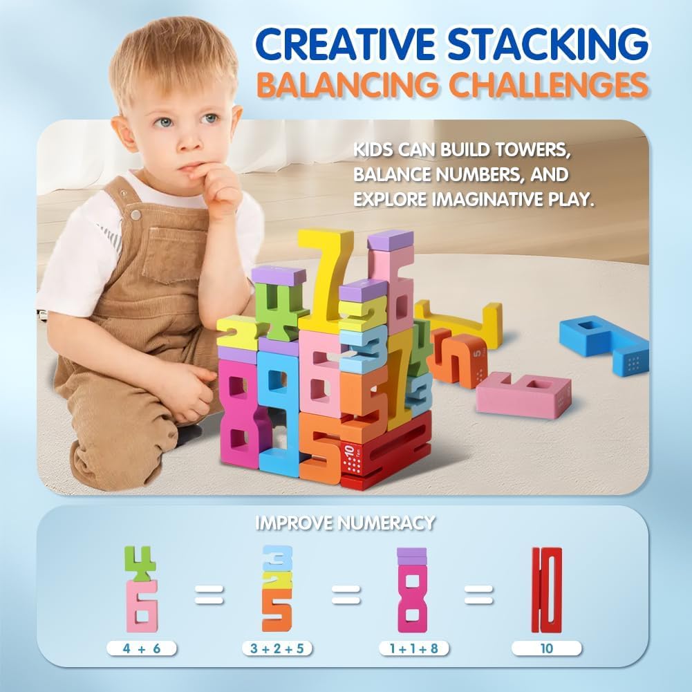 Gosarhey 20Pcs Wooden Number Building Blocks, Number Blocks Friends Of Ten, Friends Of Ten Blocks, 1-10 Balance Wooden Digital B