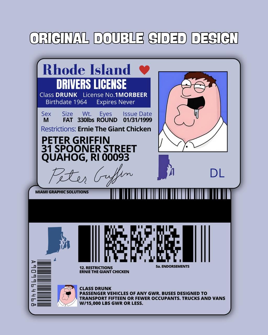 Miami Graphic Solutions Funny Plastic Driver License ID - Peter Griffin | Double Sided Collectible Card for Family Guy Fans