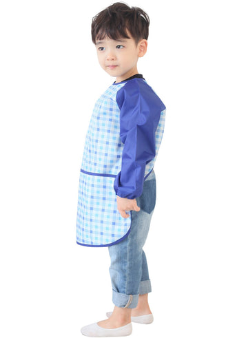 Plie Waterproof Kids Art Smocks 37 Colors (Age 1-10, S-XXL size), Blue Check (16-S)