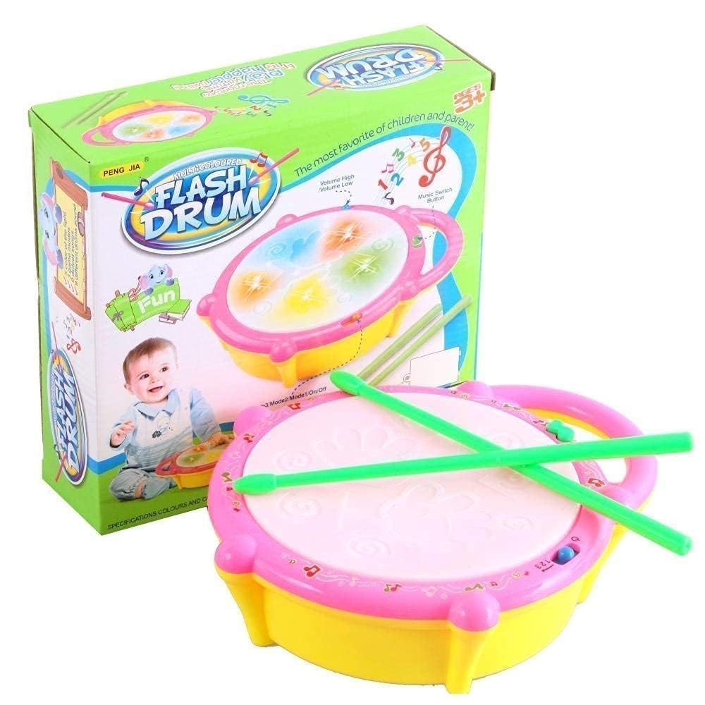 Aahiv Enterprise Multicoloured Flash Drum Toy With Drumsticks, Light Up Musical Instrument For Kids
