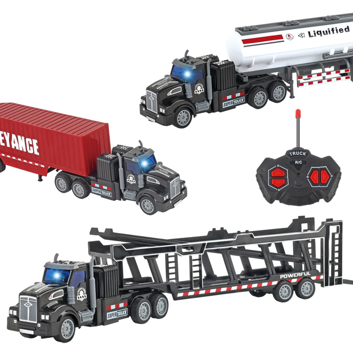 Remote Control Truck, 14'' 1:48 mini Truck Toy, equipped with 2 Rechargeable Batteries, Semi-Trailers include Car Carriers, Tank