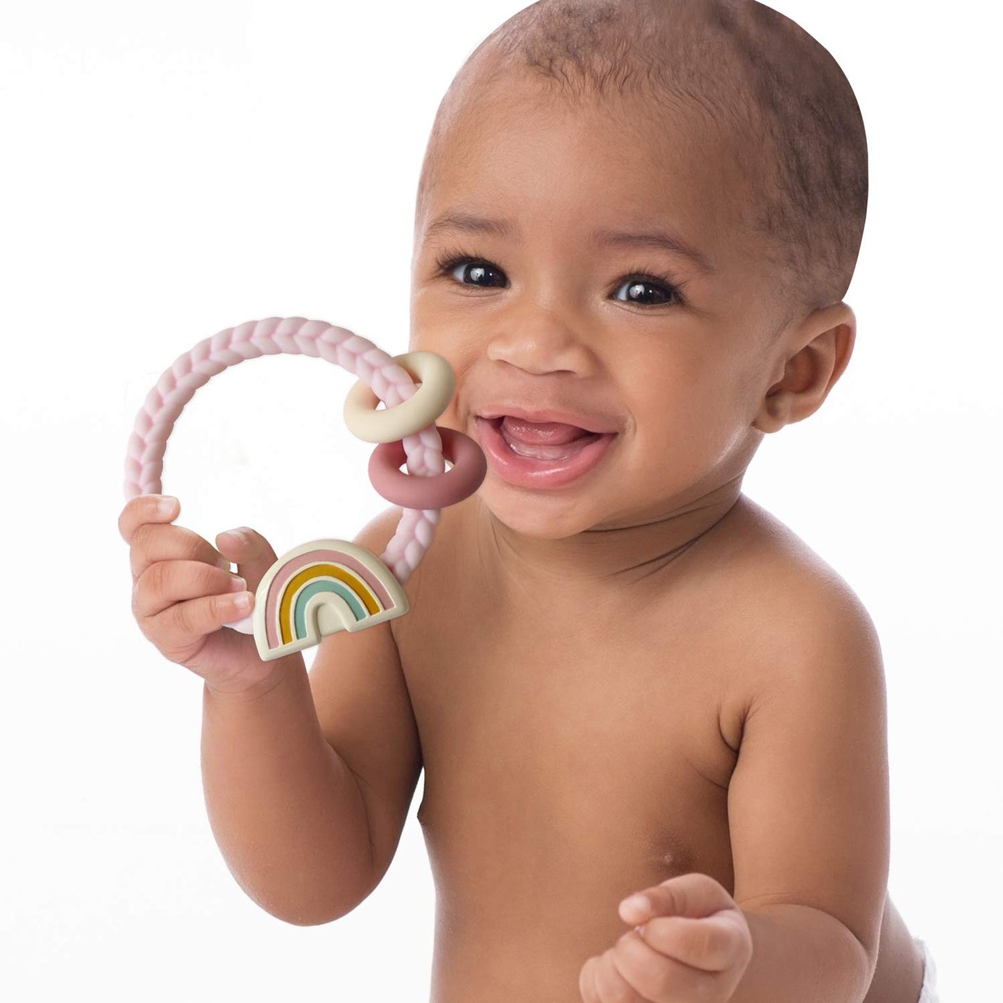 Itzy Ritzy Silicone Teether With Rattle; Rattle Teether Features Rattle Sound, Two Silicone Teething Rings And Raised Texture To Soothe Gums; Ages 3 Months And Up (Pink Rainbow)
