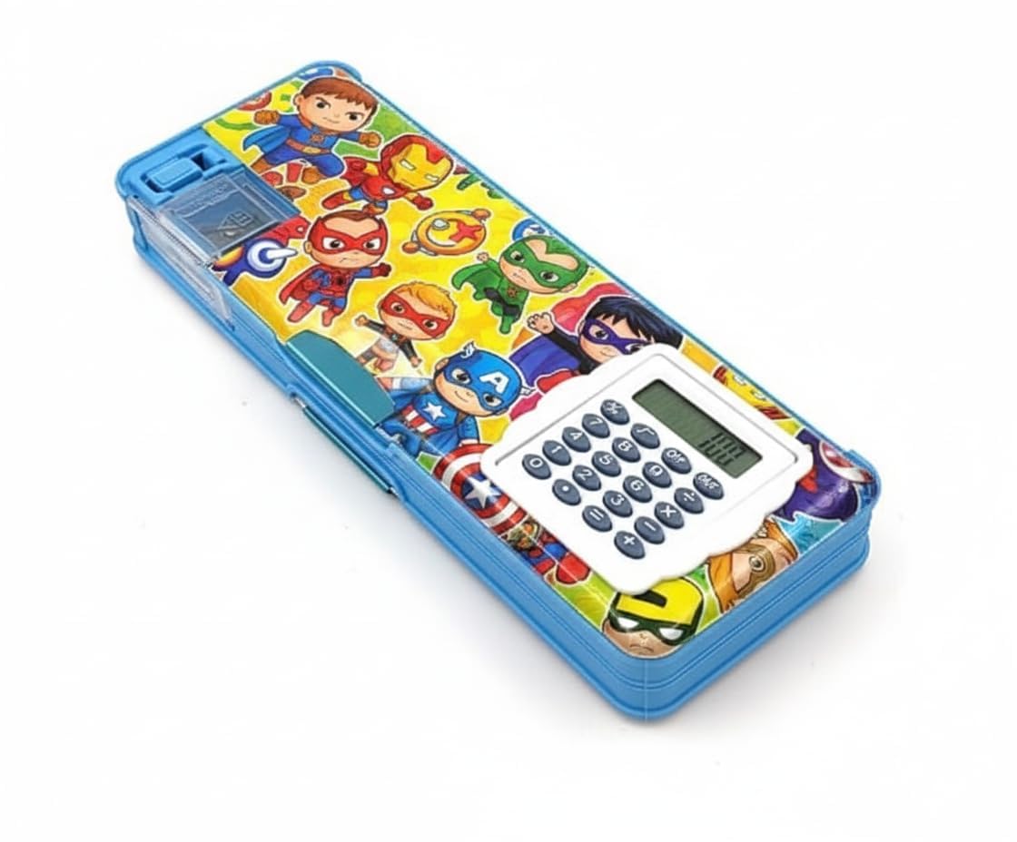 YBN Superhero MultiFunction Pencil Box for Kids with Builtin Calculator | Large Capacity Cartoon Design | Magnetic Lock | Dual