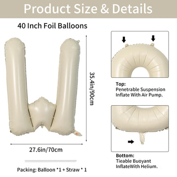Biapian 40 Inch Letter W Balloons, Giant Cream W Foil Balloon, Big Single Alphabet A-Z Balloons, Beige Large Aluminum W Balloons