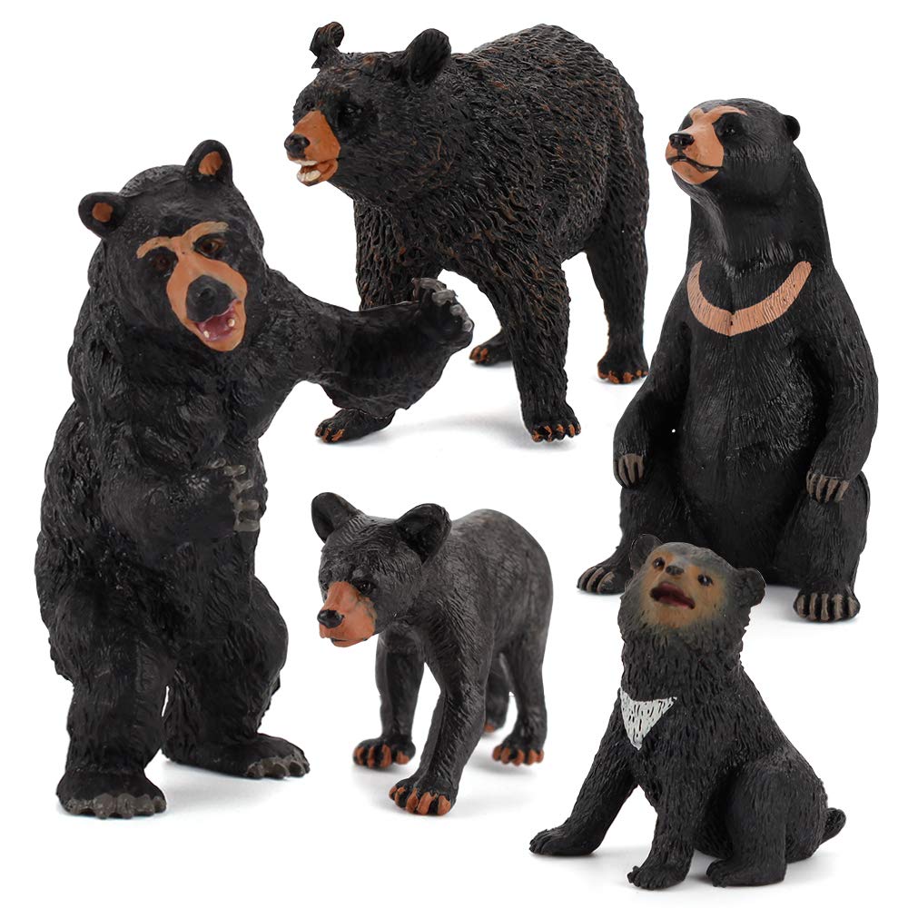 Realistic Wild Life Jungle Animal Figures Model Black Bear Family Playset Eduactional Toys Playset Figurine Statue Classroom Desktop Decoration For Kids Toddler Party Supplies(5 Pcs)