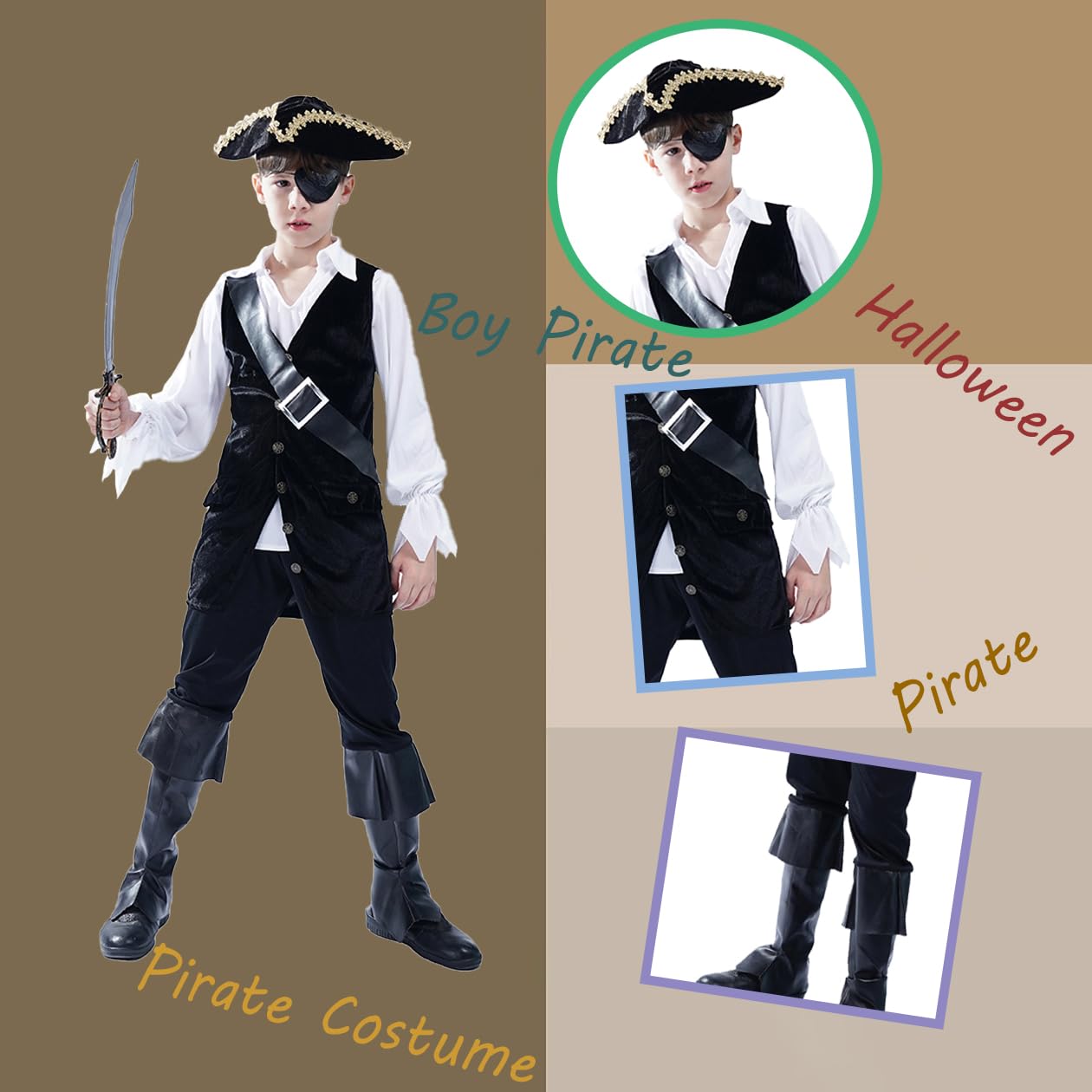 Dsplay Boys Pirate Costume Cosplay Kids Halloween Party (10-12 Years)