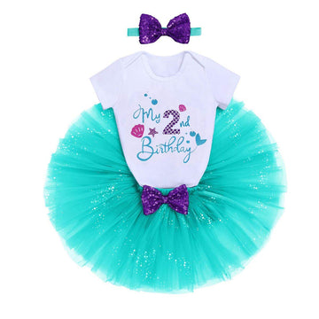 Mermaid Second Birthday Outfit Baby Girl My 2Nd Birthday Cake Smash Photo Shoot Romper Little Mini Tutu Skirt Shiny Headband Summer Nautical Ocean Themed Birthday Party Supplies Aqua 2 Years Old