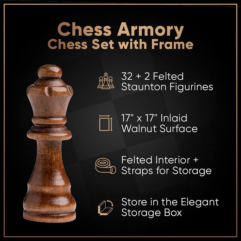 Chess Armory Wooden Chess Set - 17" Walnut Chess Board for Adults & Kids, Ivory Color, Includes Extra Queen Pieces & Storage Box