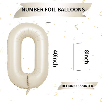 40 Inch Cream Number 0 Balloon, Beige Large 0-9 Birthday Balloons, Digital 0 Cream White Giant 0 Foil Balloon For Numbers 0/10/2