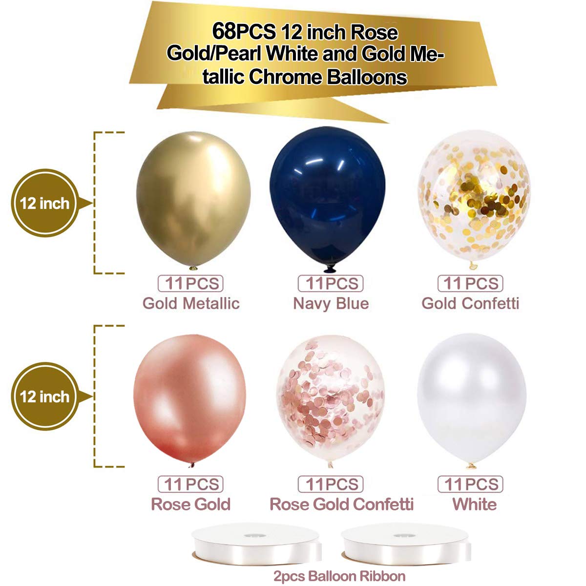 68 Pack Navy Blue Rose Gold Confetti Latex Balloons, 12 Inch Birthday Balloons With 65 Feet Balloon Ribbon For Birthday Party Wedding Graduation Bridal Shower Decorations