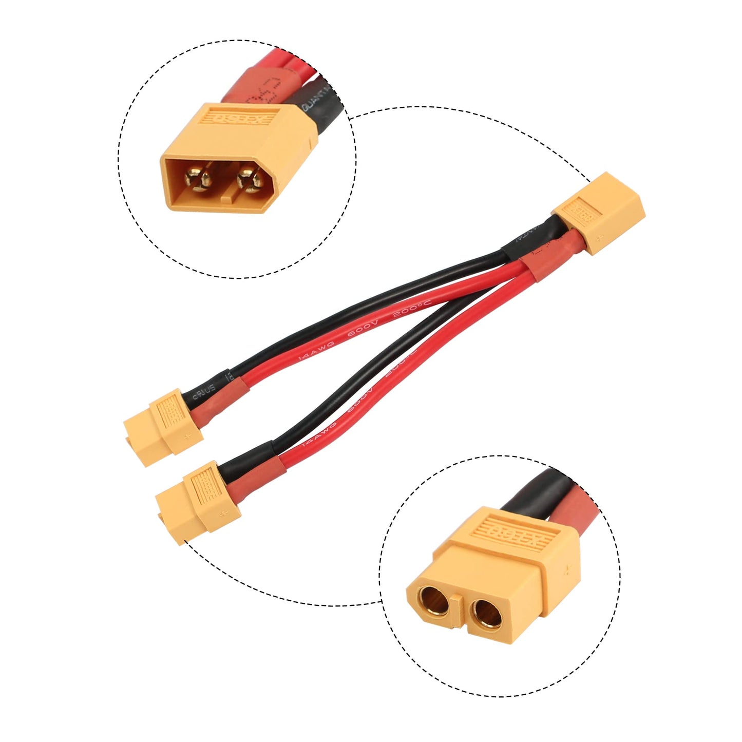 RIIEYOCA XT60 Parallel Battery Connector 14AWG Cable Dual Extension Y Splitter Male to Female for RC Quadcopter(XT60-Male to 2 F