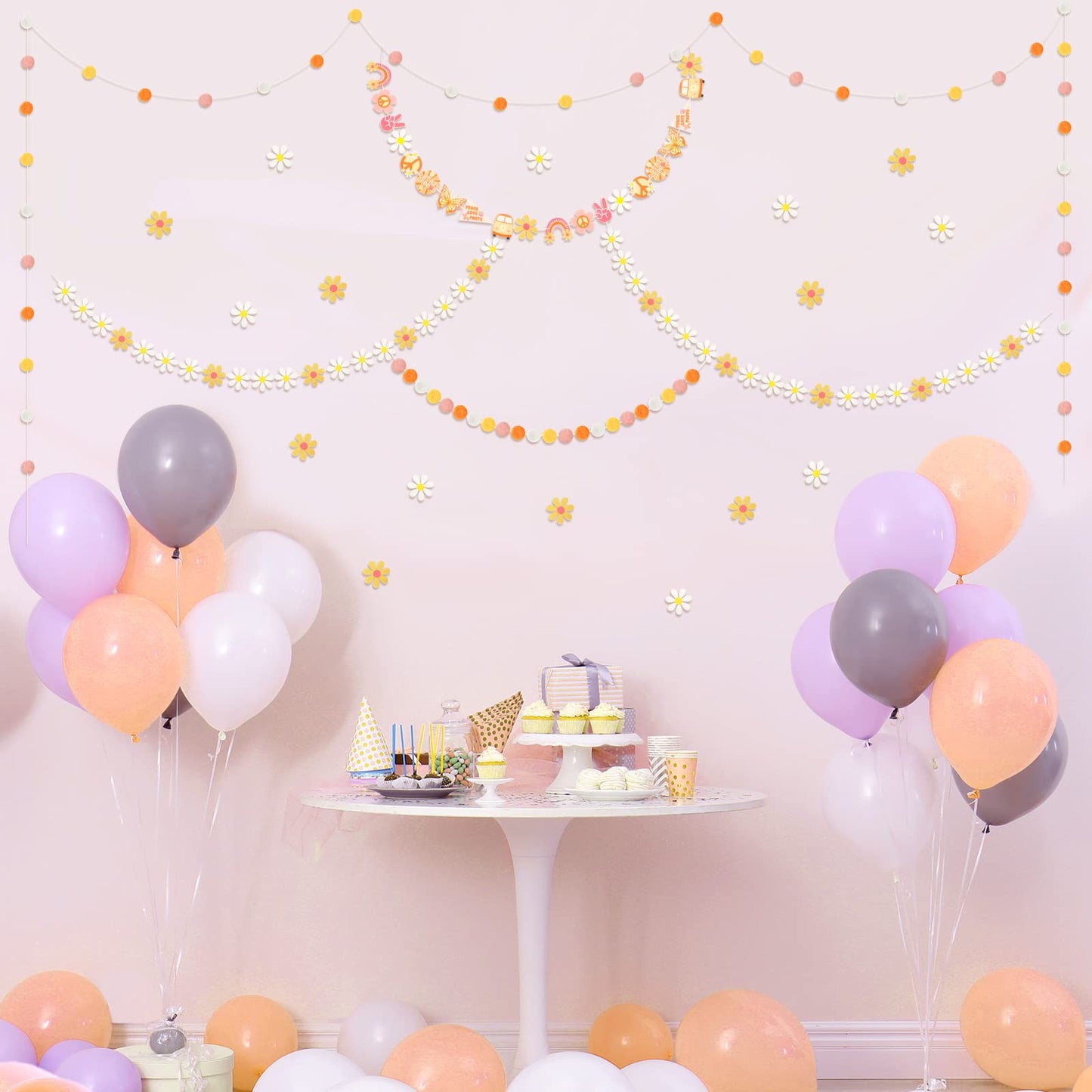 Tegeme 4 Pcs Groovy Party Decorations Garland Felt Ball Hippie Banner and Daisy Boho Garland Set with 6.5 ft Pom Pom Banner Spri