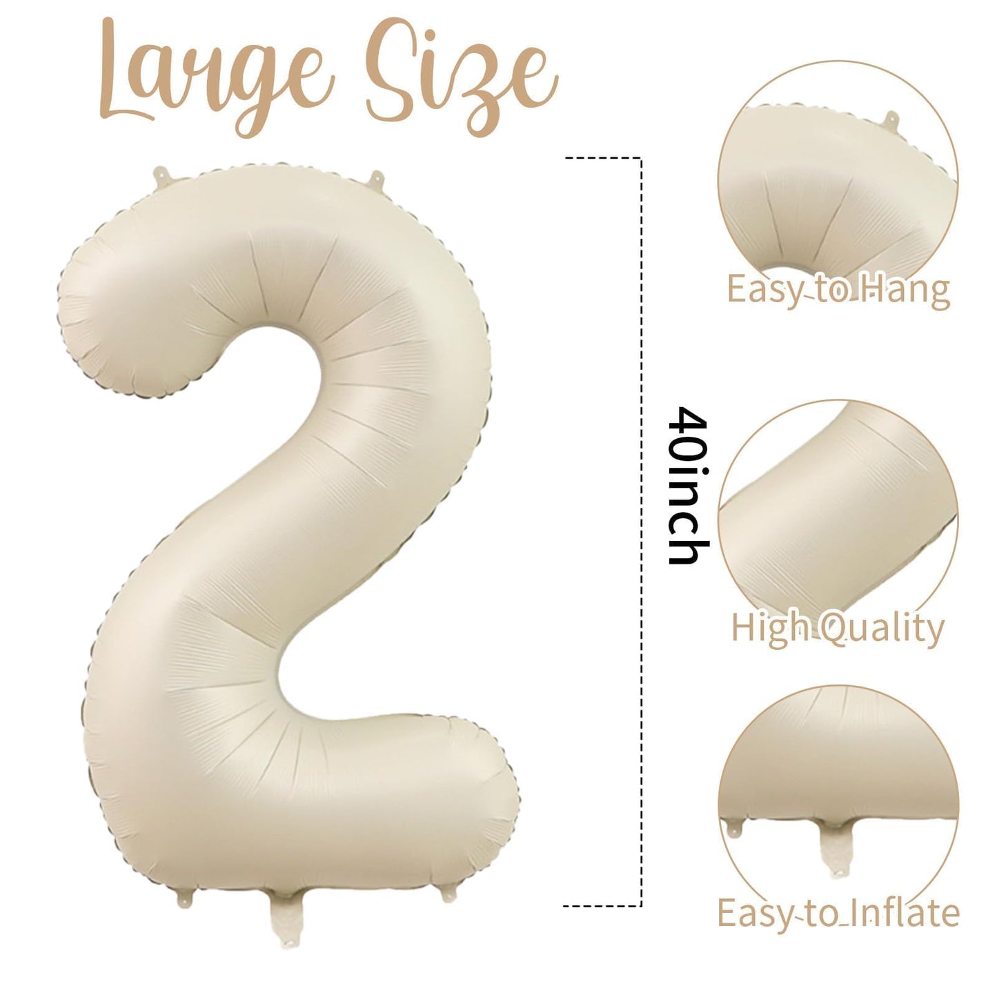 40 Inch Cream White 2 Balloon Numbers, Large Number 2 Balloon Foil Helium Number Balloons, Big 2 Mylar Birthday Balloons For Boy