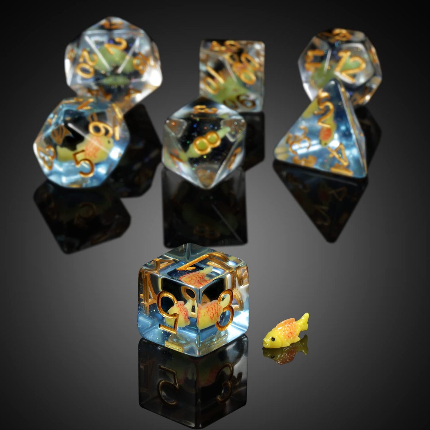 Fish DND Dice, DNDND 7PCS Resin Dice Set with Velvet Bag for Dungeons and Dragons D&D Role Playing Games and Tabletop Games (Fis