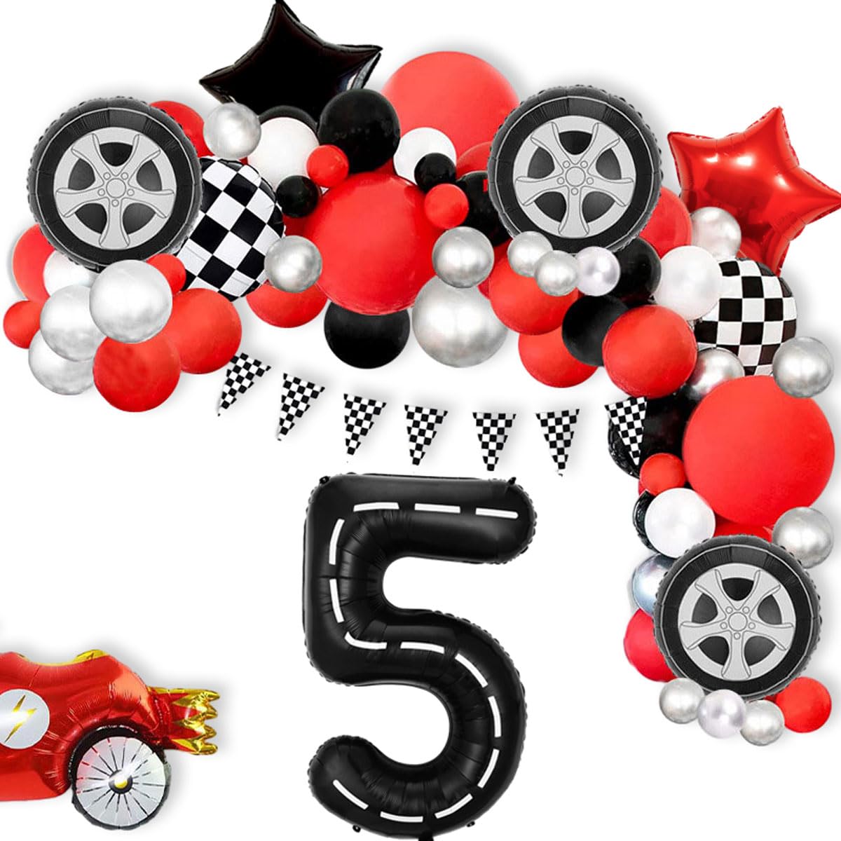 Race Car Birthday Balloons Decorations, 40 Inch Racetrack Black Number 5 Balloon, Large Mylar Black 5 Balloon For 5St Birthday R