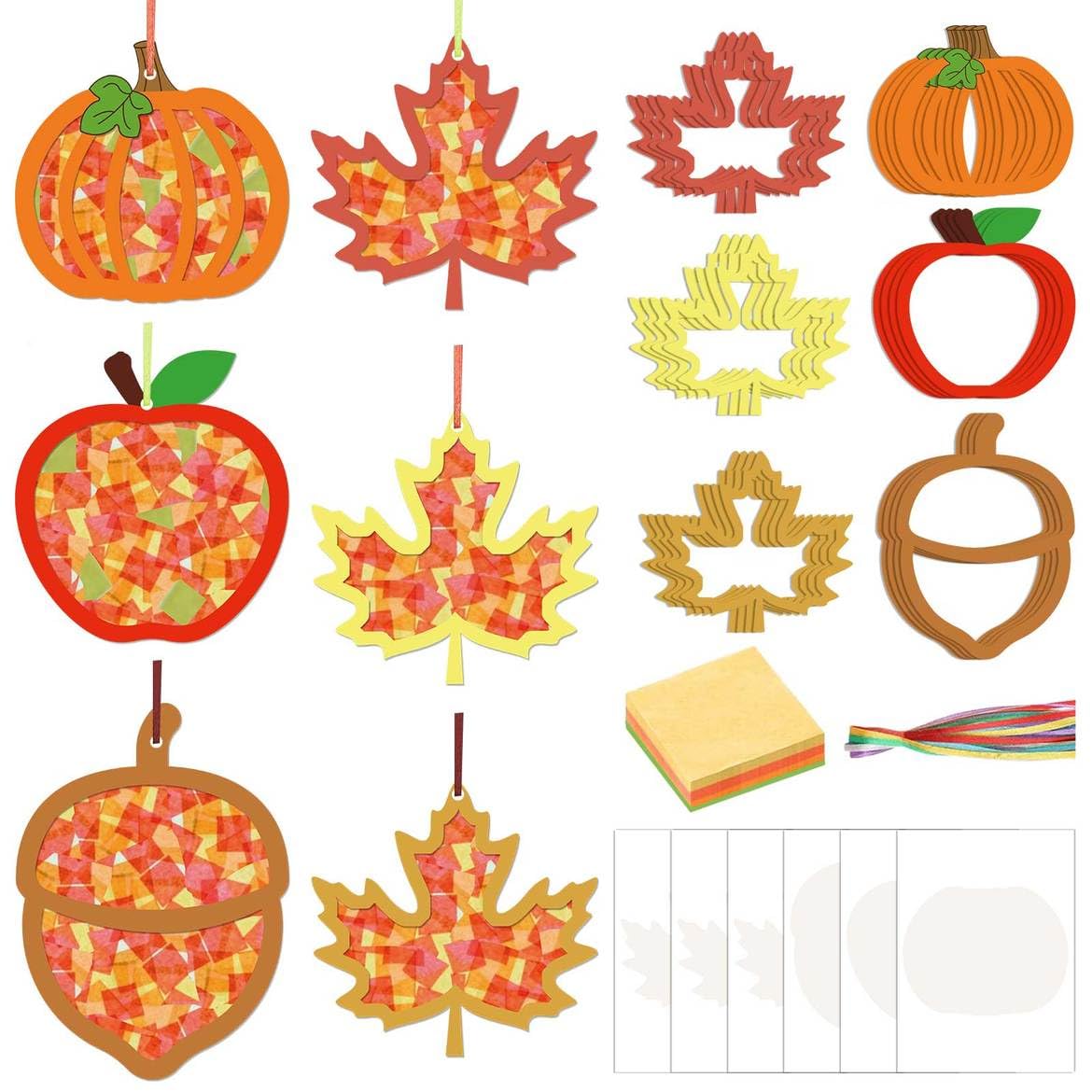 Zliisang 24PCS Make You Own Fall Crafts Kit Bulk Maple Leaves Pumpkin Apple Acorn Paper Suncatchers DIY Kit for Autumn Thanksgiv