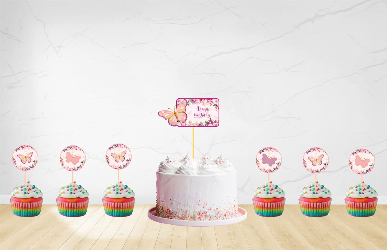 Untumble Butterfly Theme Decoration Party Kit For House Birthday Parties With Cake Topper (Set Of 25)