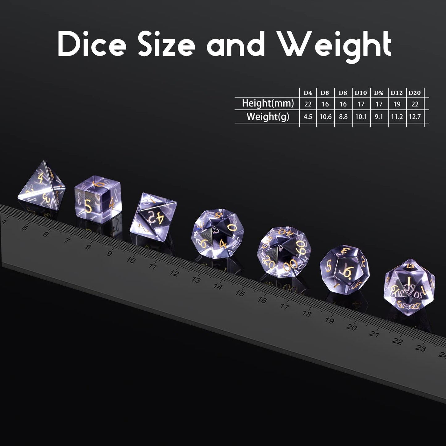 D&D Dice DNDND 7 Piece Zircon Glass Dice Set with Great Gift Box for Dungeons and Dragon DND Tabletop Game (Purple Glass with Go