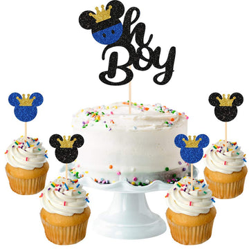 Festiko Mickey Mouse Cake Topper With 10 Pieces Mickey Mouse Cupcake Toppers- Oh Boy Cake Topper For Kid'S Birthday Party Decora