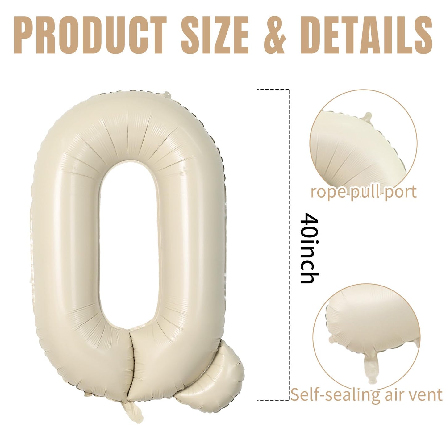40 Inch Cream Letter Balloons, Large Q Letter Balloons Foil Helium Balloons, Mylar Big Single Alphabet Q Balloons, Cream Balloon
