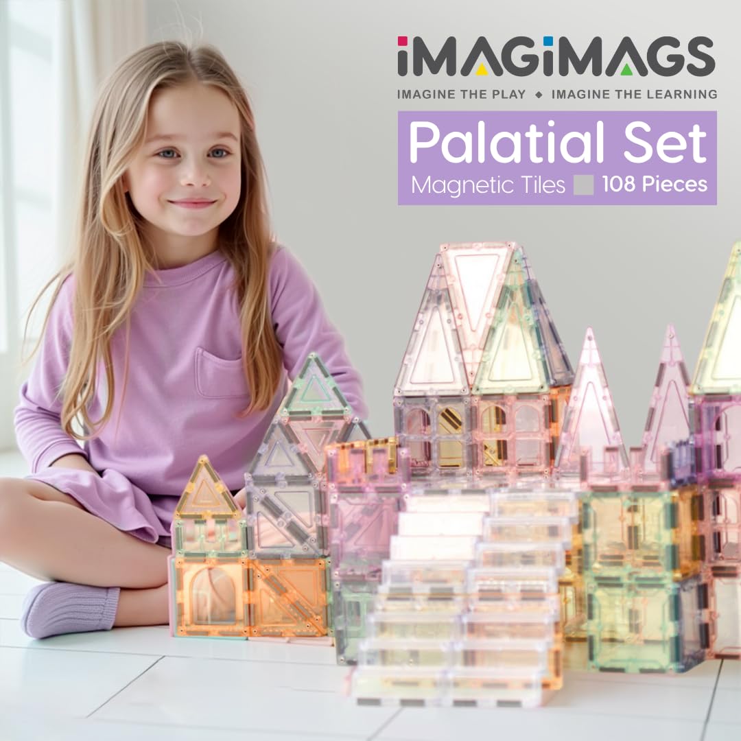 Imagimags Magnetic Building Tiles; 108 Piece Palatial Set For Boys, Girls And Kids; Pastel Magnetic Building Tiles; Activity; Bu