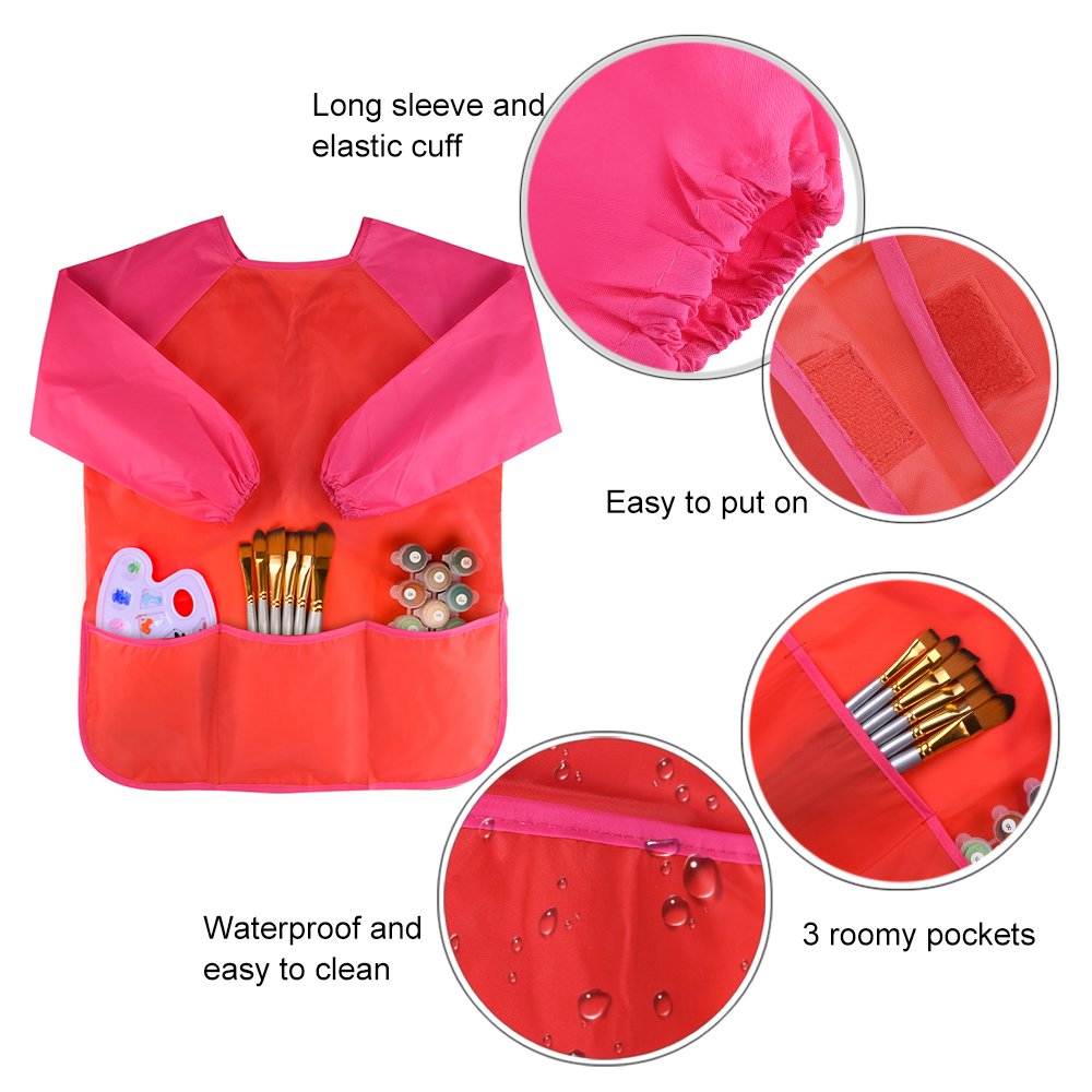 Kuuqa Childrens Kids Toddler Red Waterproof Play Apron Smock With 3 Roomy Pockets - Painting, Baking, Cooking, Smock - Age 3-5 Years (Paints And Brushes Not Included)